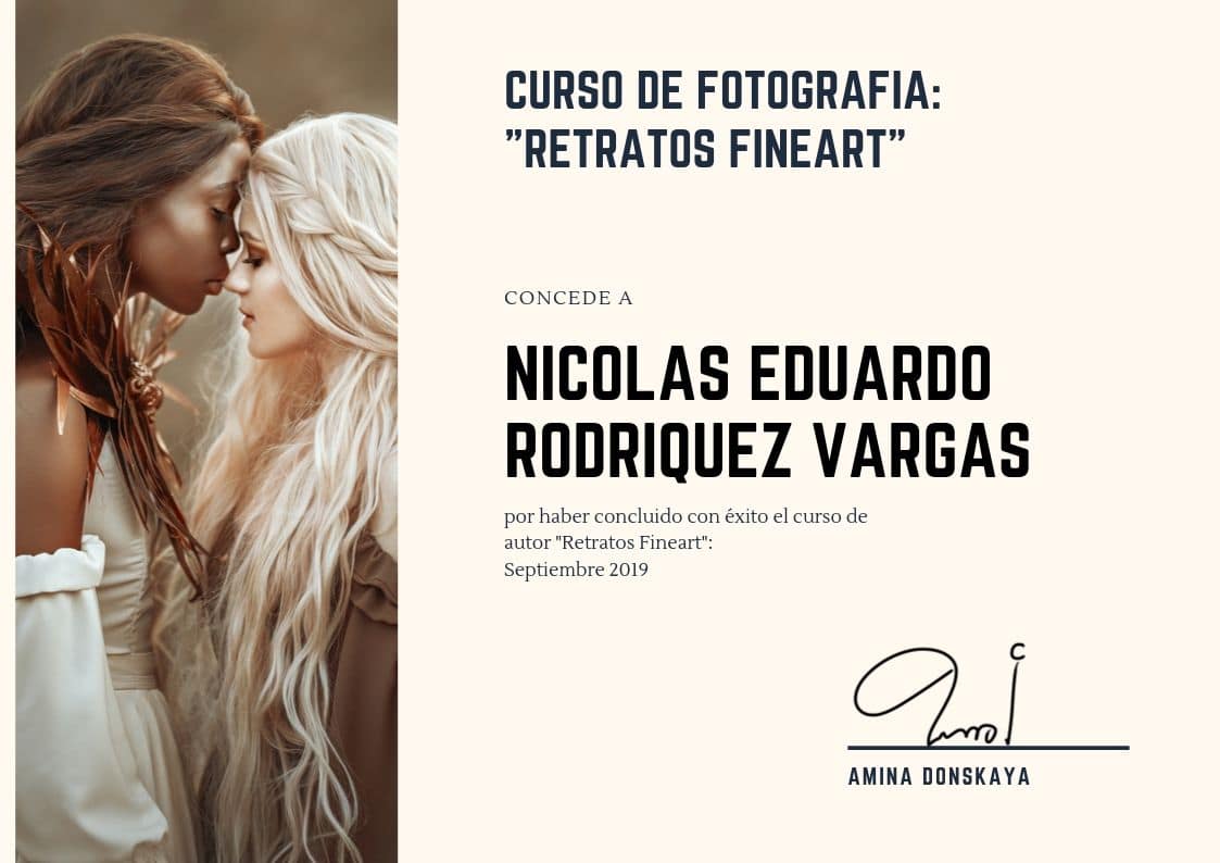 Fine Art Portrait Photography Certificate Fine art portrait photography diploma awarded to Nick Vargas, Nickolaus21 Chicago photographer
