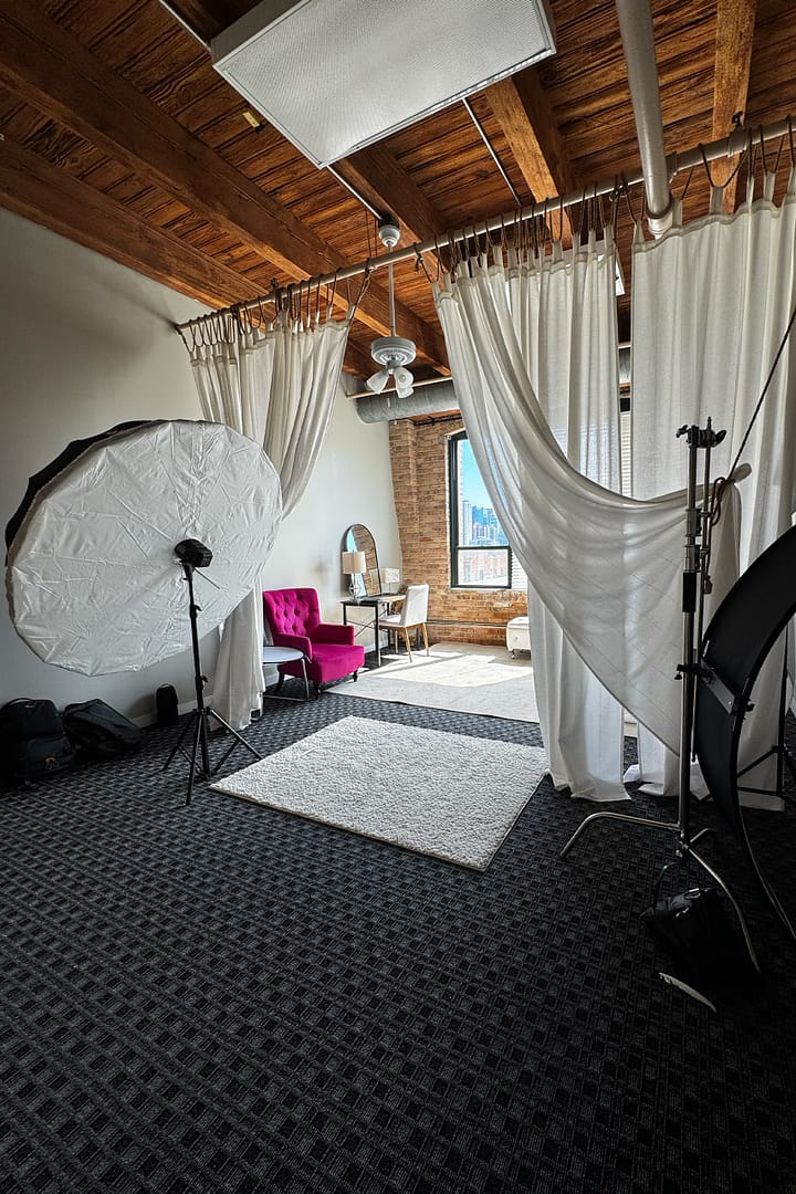 Chicago Boudoir Photography Studio Interior of Chicago boudoir photography studio with professional lighting and elegant setup